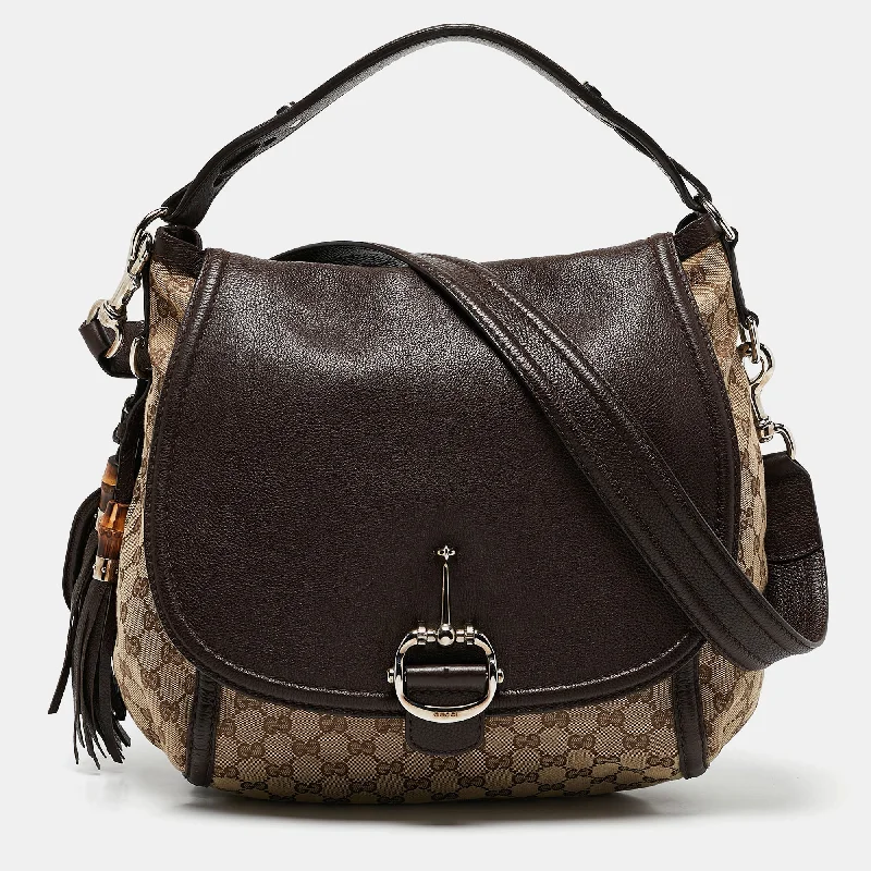 Gucci Beige/ebony Gg Canvas And Leather Techno Horsebit Flap Bag