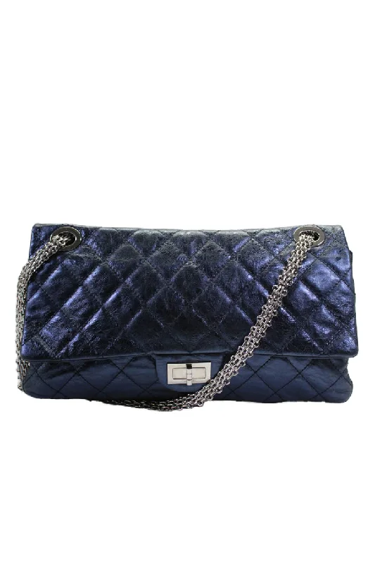 Chanel Womens Metallic Quilted Leather Reissue 226 Double Flap Bag Handbag Blue