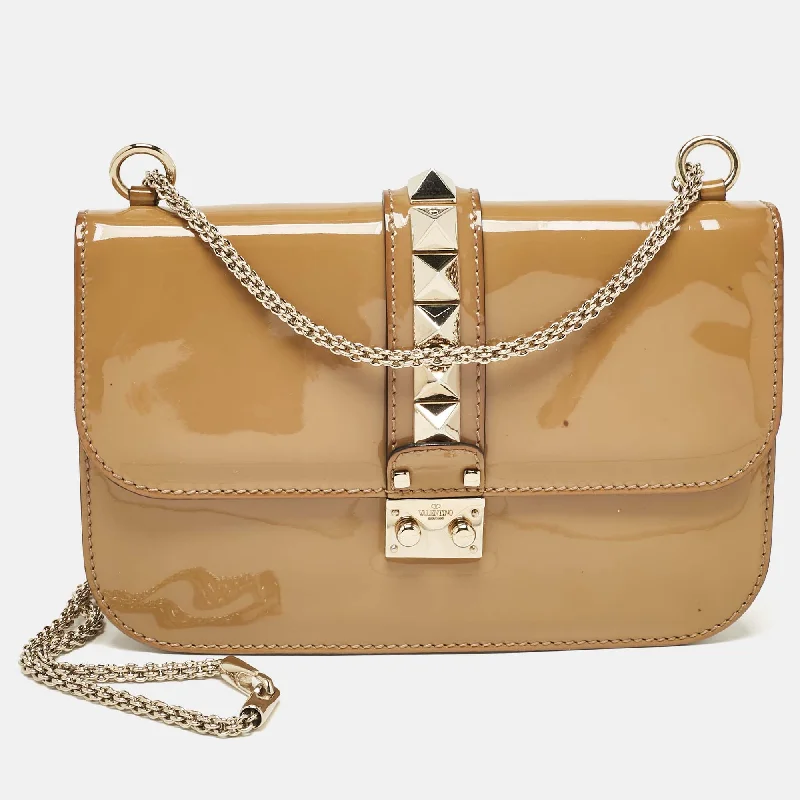 Valentino Beige Patent Leather Medium Rockstud Glam Lock Shoulder Bag