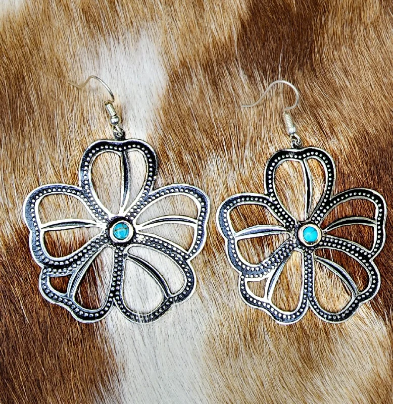 Flower Outline Earrings with Turquoise Color Stone