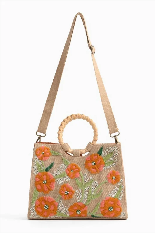 Women's Floral Beaded Jute Shoulder Bag In Beige/orange