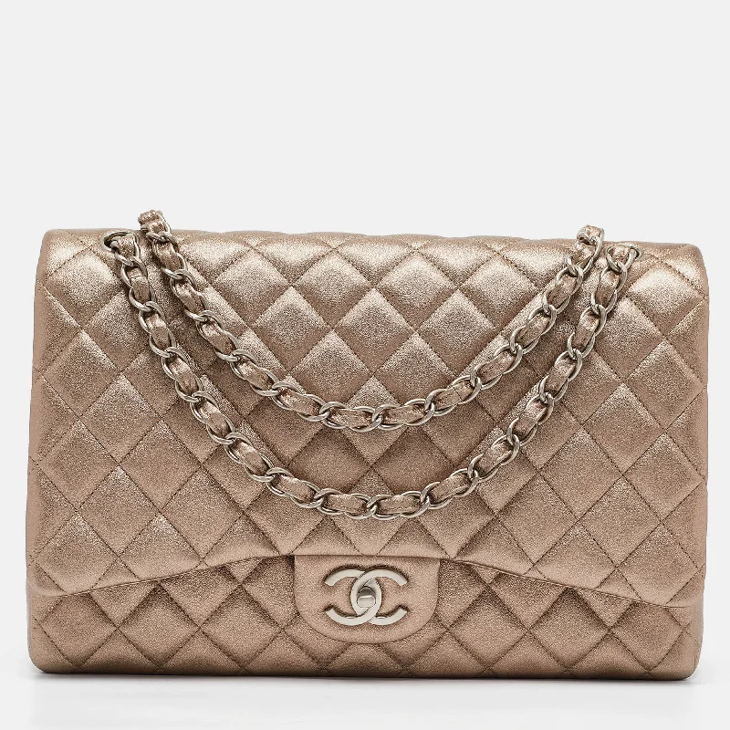 Chanel Metallic Beige Quilted Leather Maxi Classic Double Flap Bag