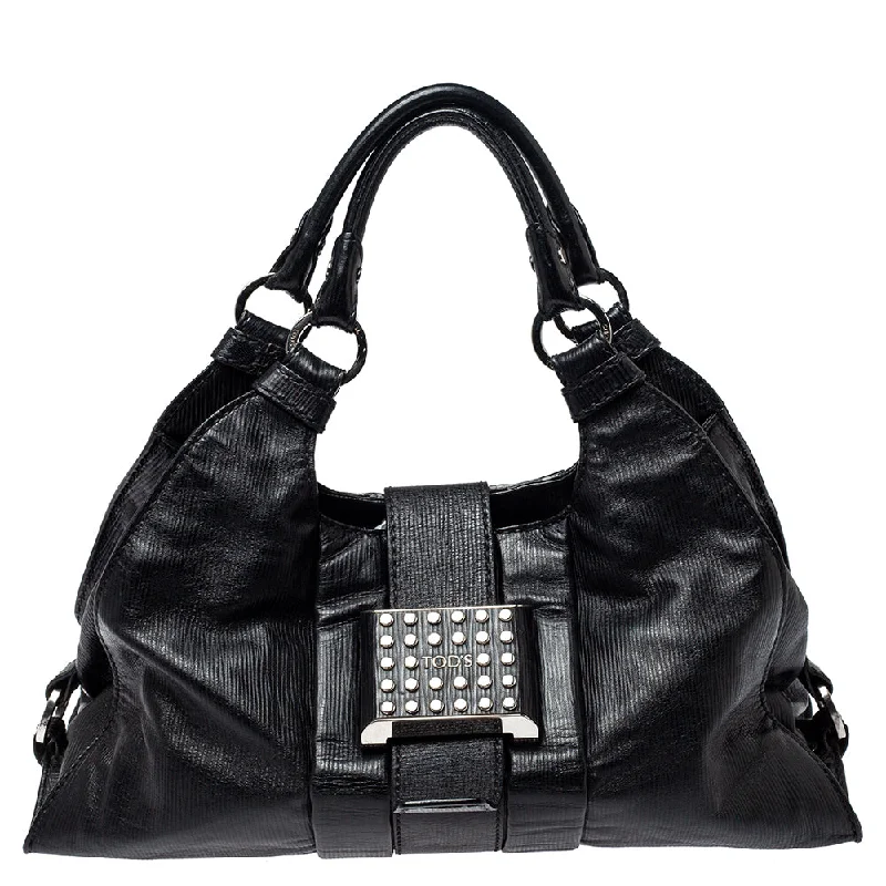 Tod's Black Leather Studded Lock Flap Shoulder Bag