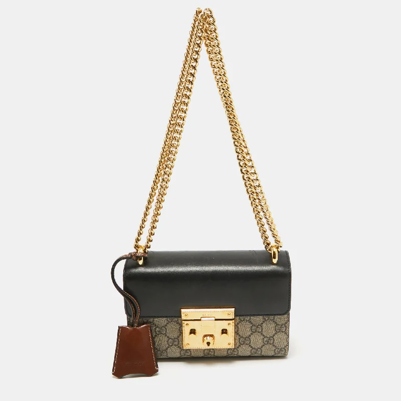 Gucci Black/beige Gg Supreme Canvas And Leather Small Padlock Shoulder Bag