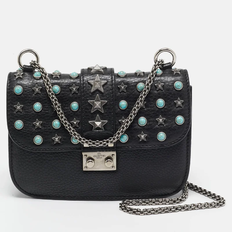 Valentino Black Leather Star Studded Glam Lock Shoulder Bag