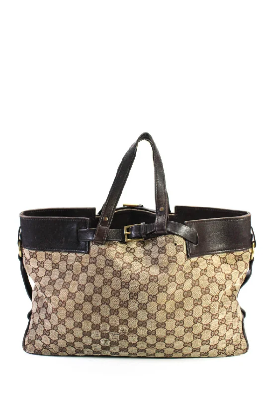 Gucci Womens Guccisima Monogram Canvas Leather Trim Open Tote Handbag Brown