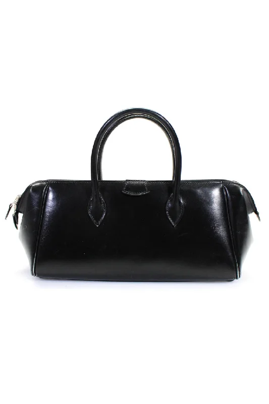 Hermes Womens Veau Box Leather Paris BombayRolled Handle Zip Top Small Tote Handbag Black