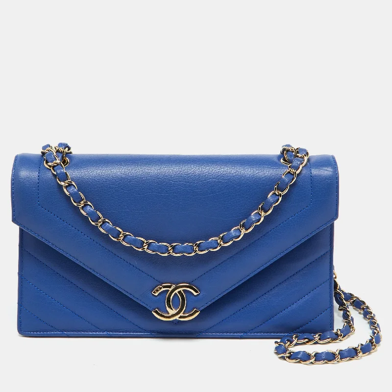 Chanel Blue Leather Chevron Medium Coco Envelope Flap Bag