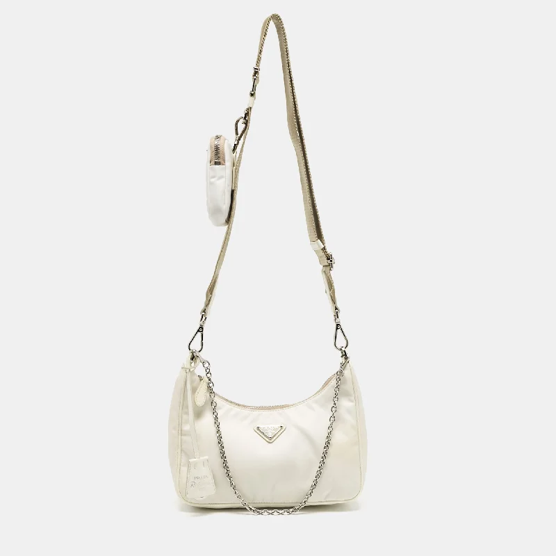 Prada White Nylon And Leather Re-Edition 2005 Baguette Bag