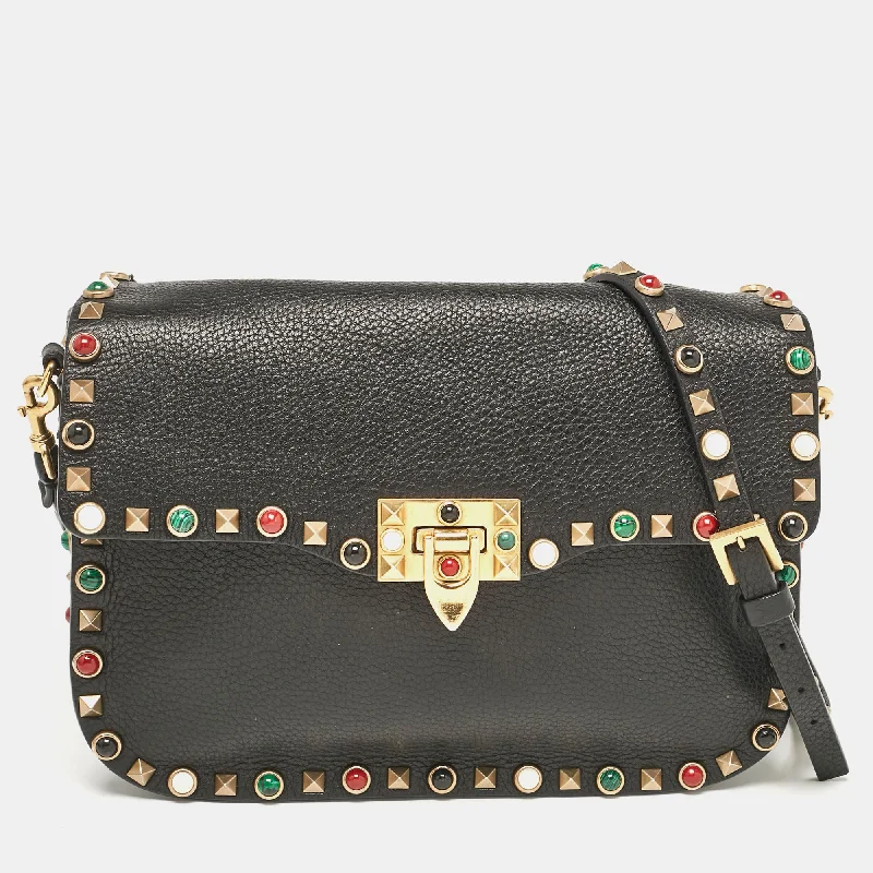 Valentino Black Leather Rolling Rockstud Shoulder Bag