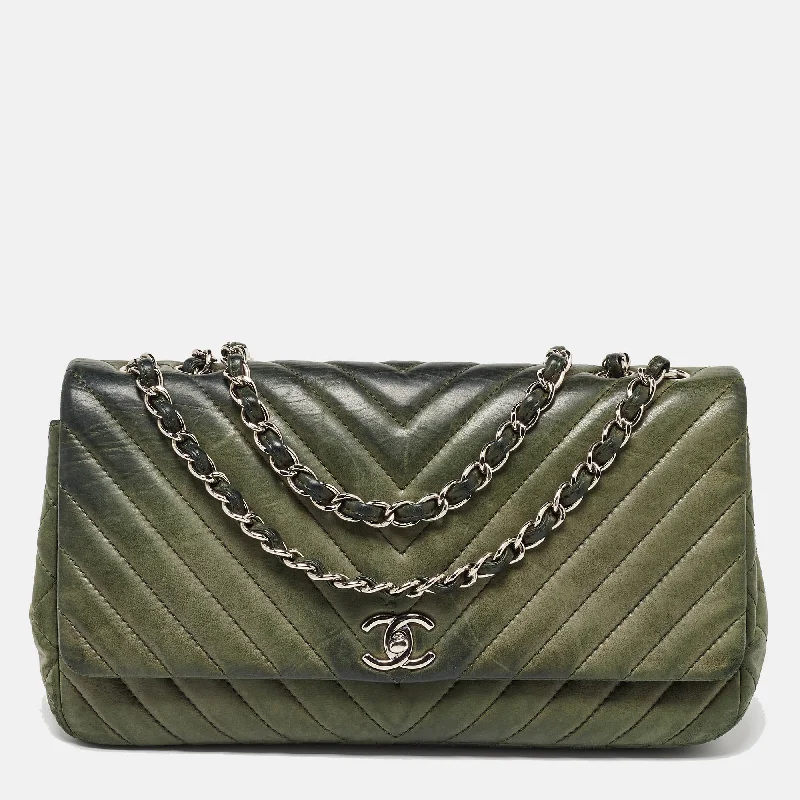 Chanel Green Leather Surpique Chevron Large Flap Bag