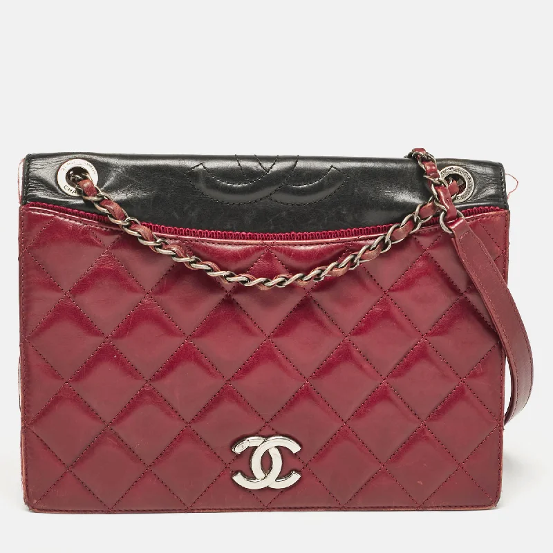 Chanel Burgundy/black Quilted Leather And Canvas Medium Ballerine Flap Bag