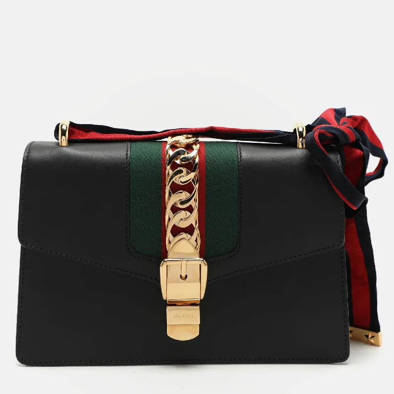 Gucci Black Leather Small Web Chain Sylvie Shoulder Bag