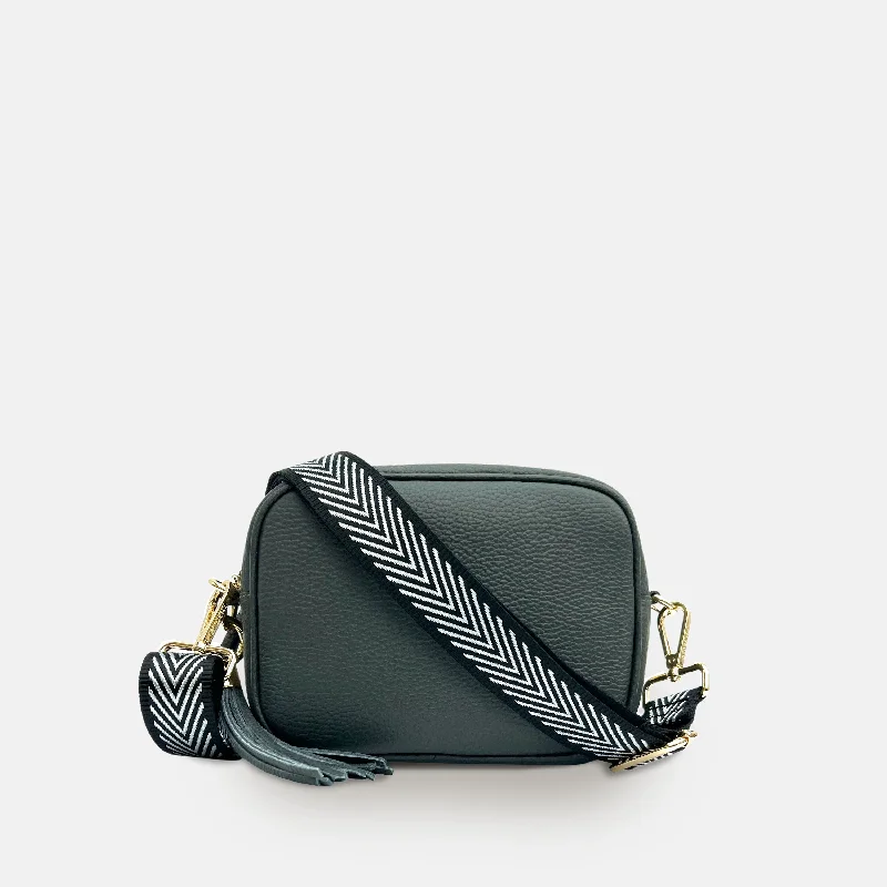 Dark Grey Leather Crossbody Bag With Black & Silver Chevron Strap