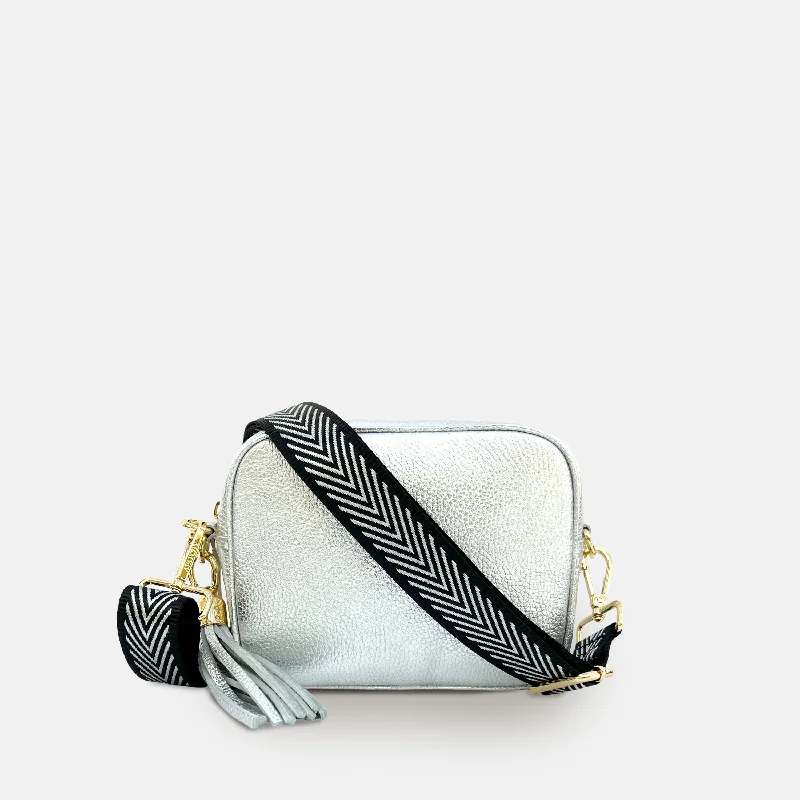 Silver Leather Crossbody Bag With Black & Silver Chevron Strap