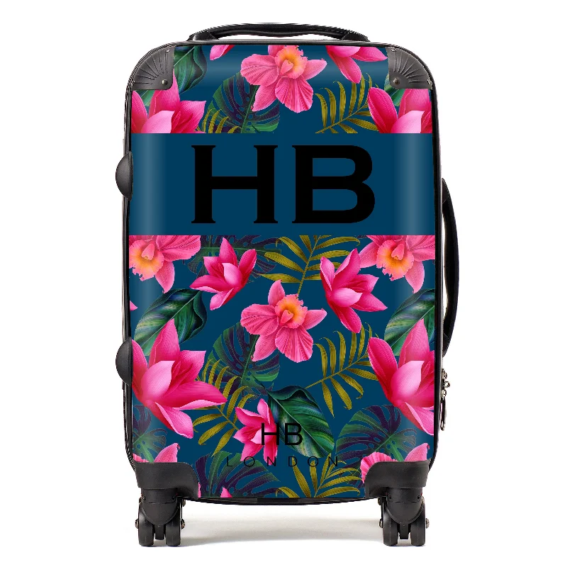 Personalised Navy Blue and Bright Pink Tropical Flowers with Black Font Initial Suitcase