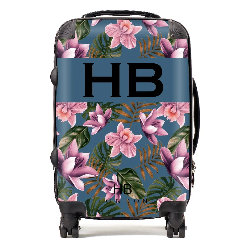 Personalised Teal and Mauve Tropical Flowers with Black Font Initial Suitcase