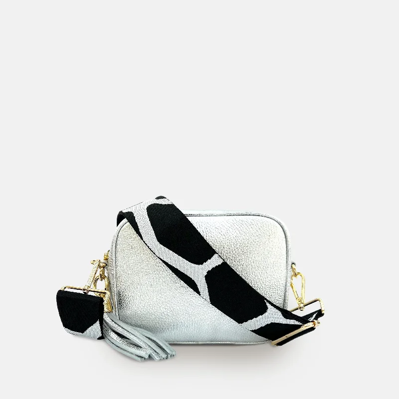 Silver Leather Crossbody Bag With Black & White Giraffe Strap