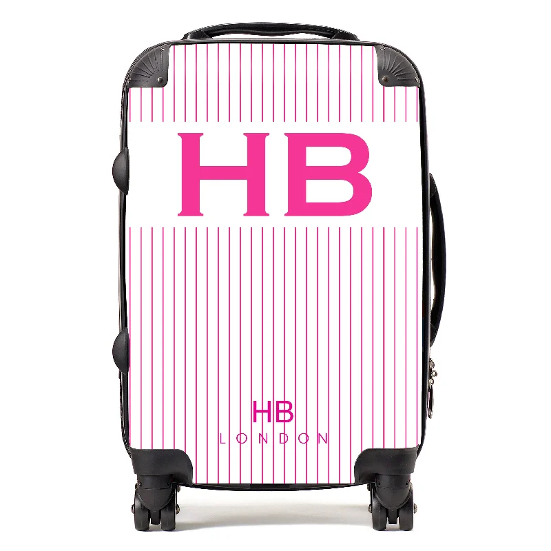 Personalised White and Hot Pink Pinstripe with Hot Pink Font Initial Suitcase