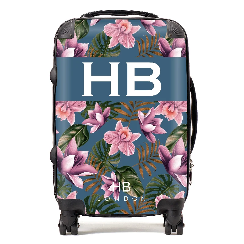 Personalised Teal and Mauve Tropical Flowers with White Font Initial Suitcase