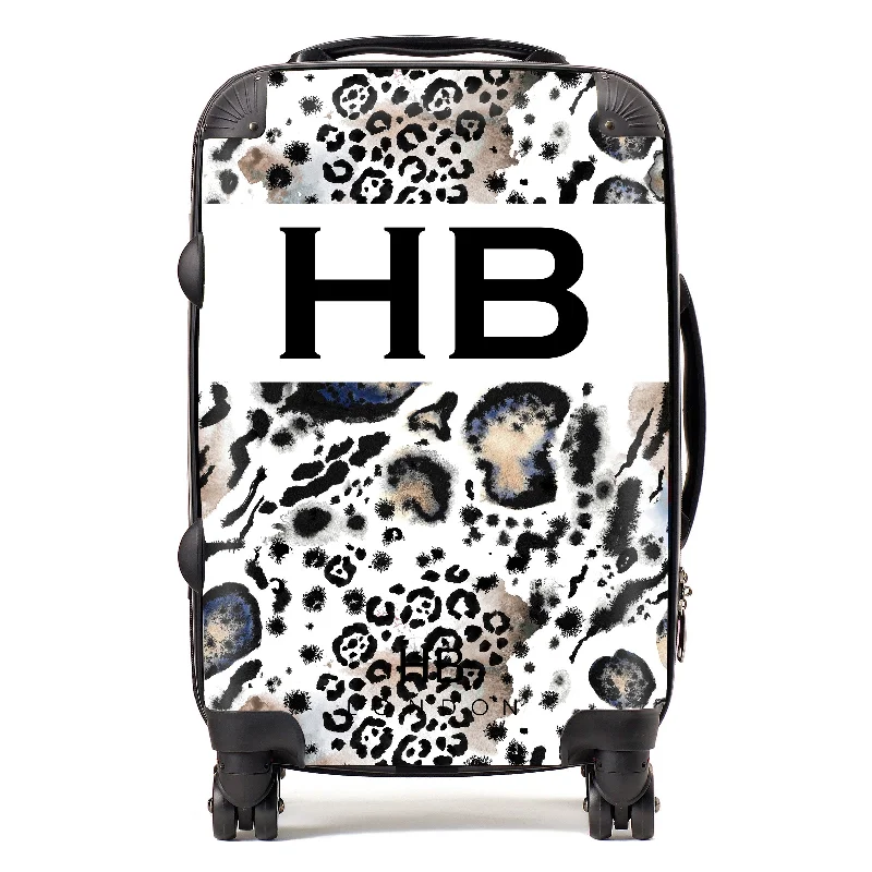 Personalised Snow Leopard and Tiger Print with Black Font Initial Suitcase