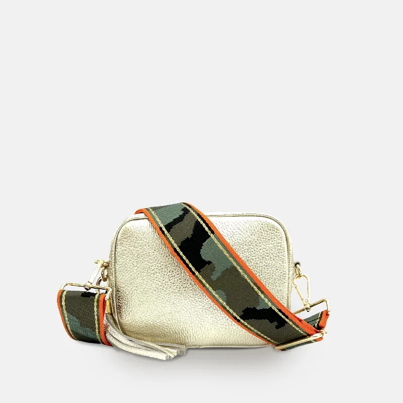 Gold Leather Crossbody Bag With Orange & Gold Stripe Camo Strap