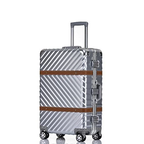 Checked Luggage, Aluminum Frame Hardside Fashion Suitcase with Detachable Spinner Wheels 28 Inch Silver