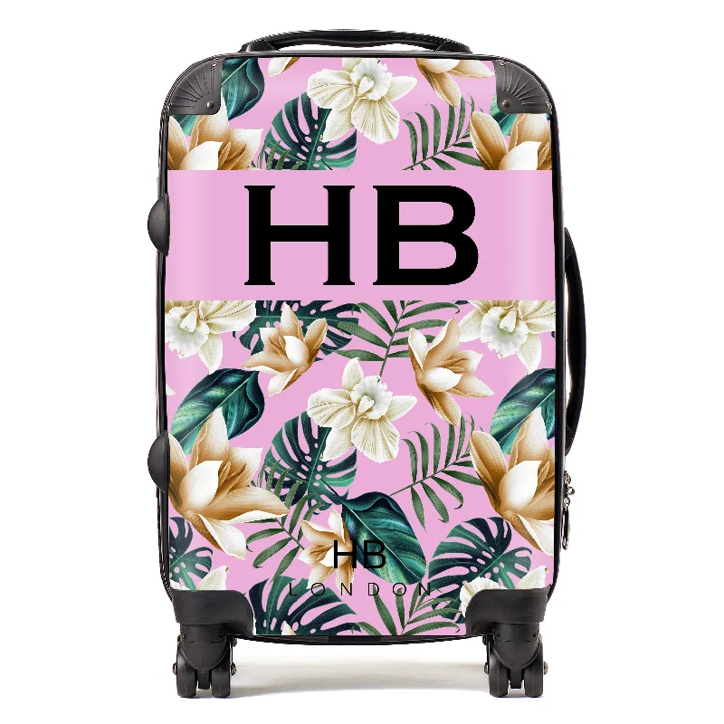 Personalised Pink and Nude Tropical Flowers with Black Font Initial Suitcase