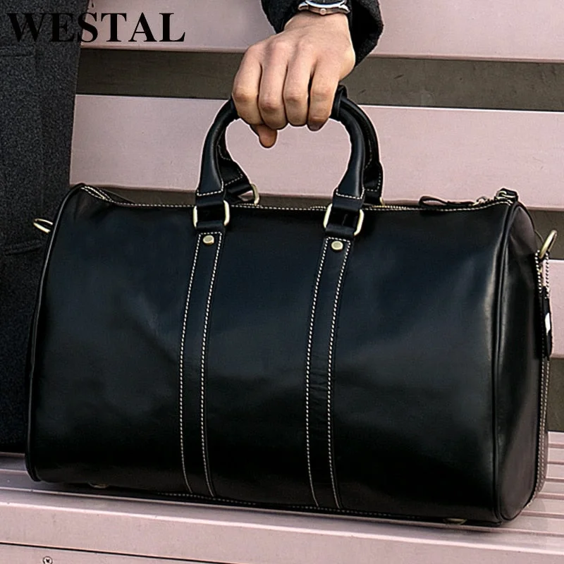 Westal Business Men Travel Bags Hand Luggages Genuine Leather Suitcase Leather Travel Duffle Bag