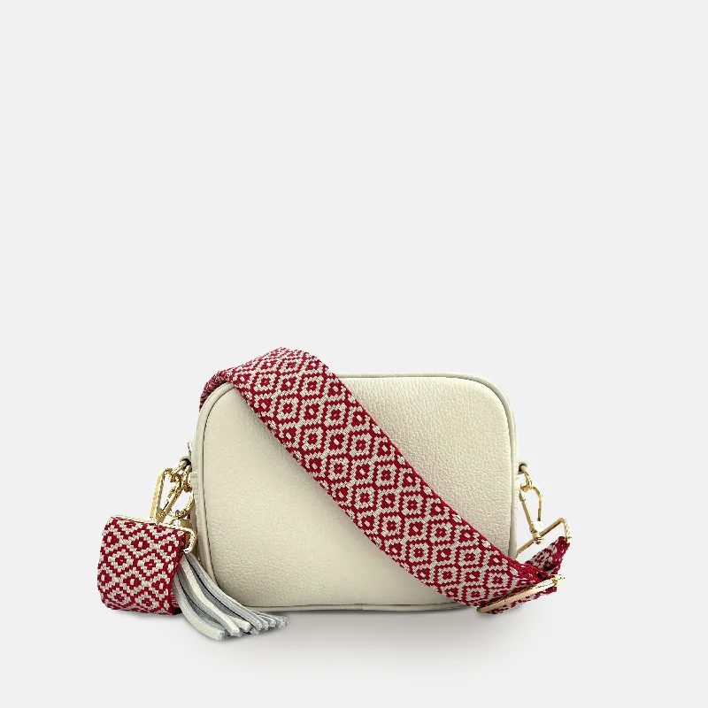 Stone Leather Crossbody Bag With Red Cross-Stitch Strap