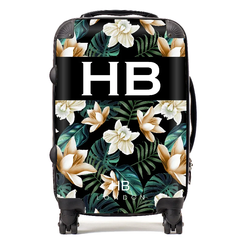 Personalised Black and Nude Tropical Flowers with White Font Initial Suitcase