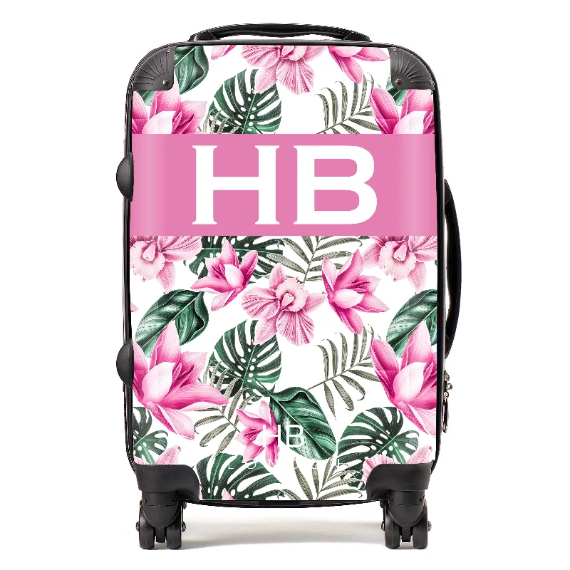 Personalised White and Pink Tropical Flowers with White Font Initial Suitcase