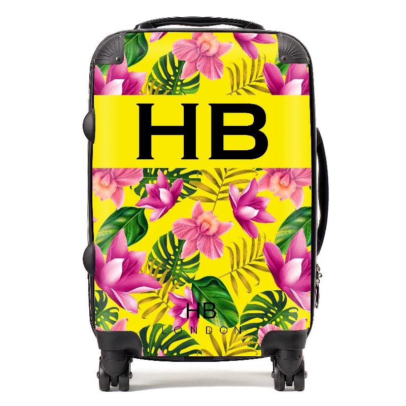 Personalised Yellow and Bright Pink Tropical Flowers with Black Font Initial Suitcase