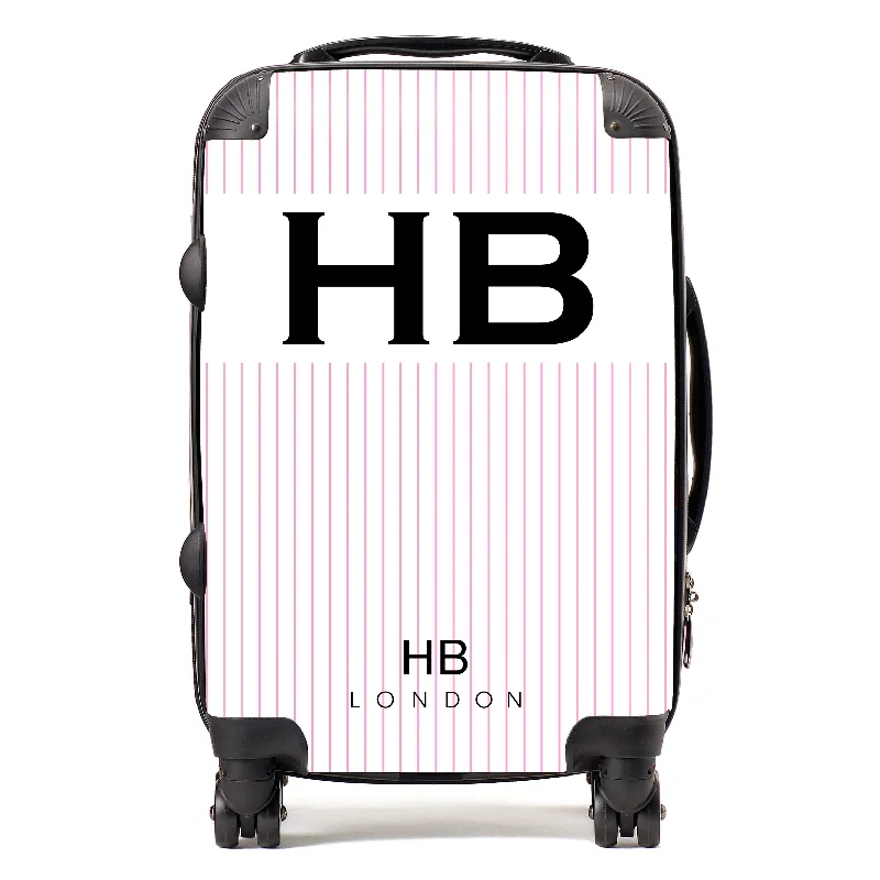 Personalised White and Pink Pinstripe with Black Font Initial Suitcase