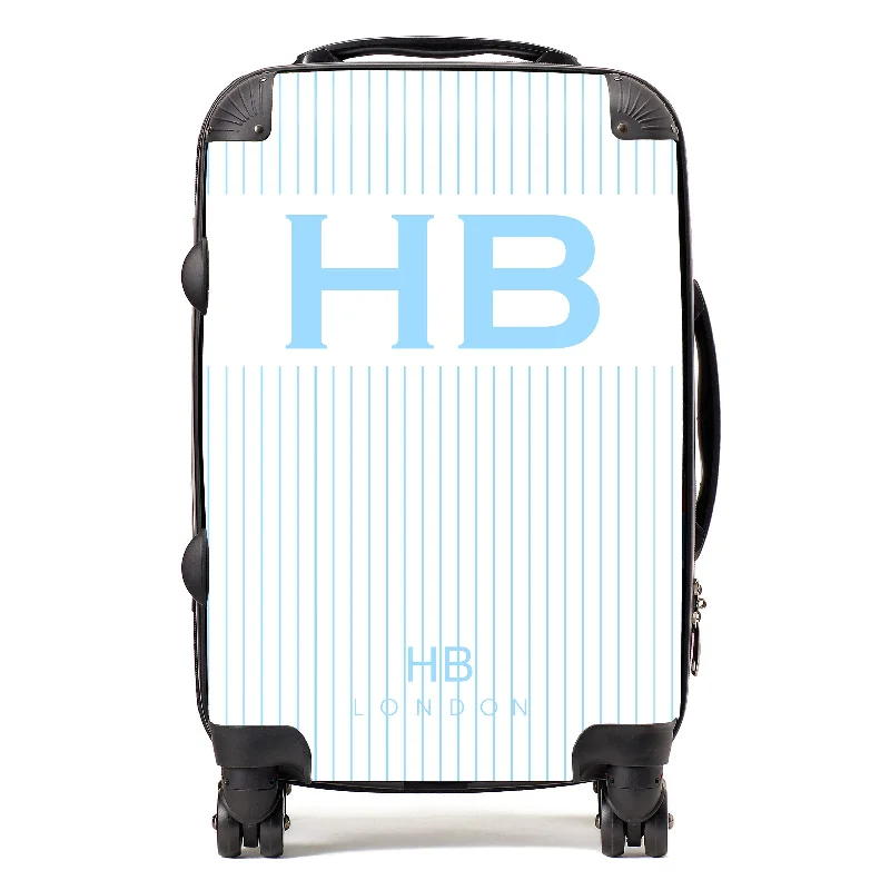 Personalised White and Blue Pinstripe with Blue Font Initial Suitcase