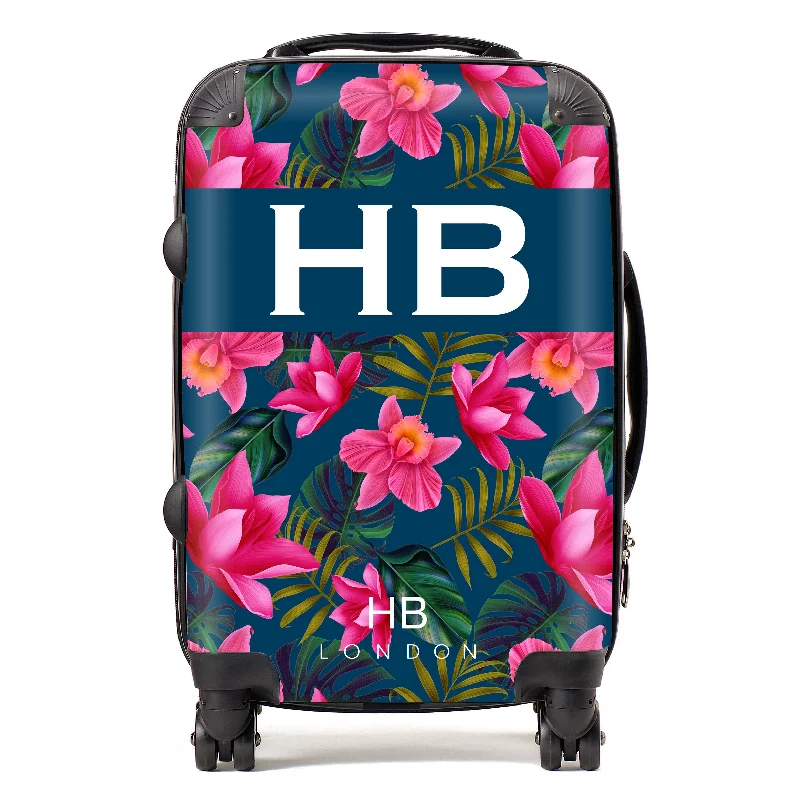 Personalised Navy Blue and Bright Pink Tropical Flowers with White Font Initial Suitcase