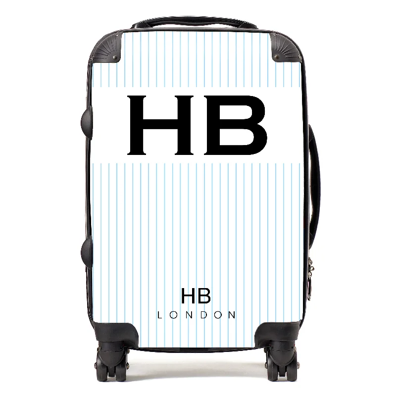 Personalised White and Blue Pinstripe with Black Font Initial Suitcase