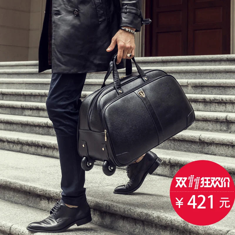 High Quality Buffalo Hide Travel Bag Trolley Bag Genuine Leather Handbag Luggage Trolley