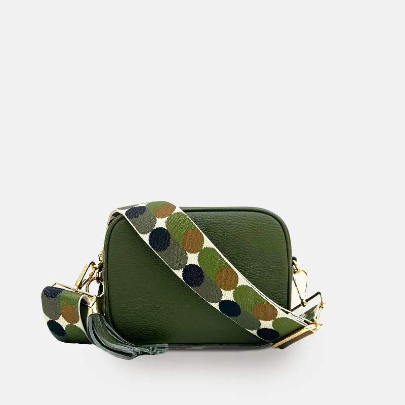 Olive Green Leather Crossbody Bag With Khaki Pills Strap