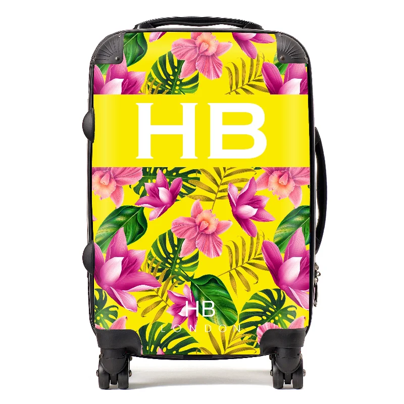 Personalised Yellow and Bright Pink Tropical Flowers with White Font Initial Suitcase