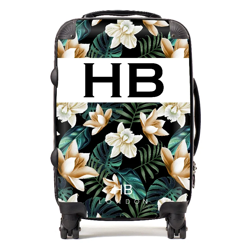 Personalised Black and Nude Tropical Flowers with Black Font Initial Suitcase