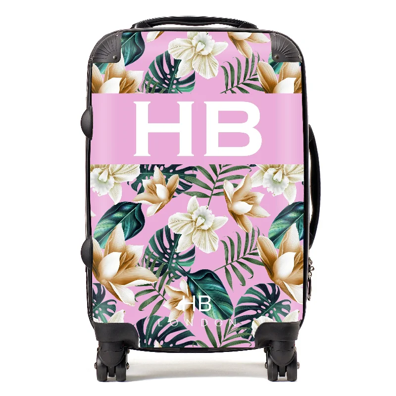 Personalised Pink and Nude Tropical Flowers with White Font Initial Suitcase