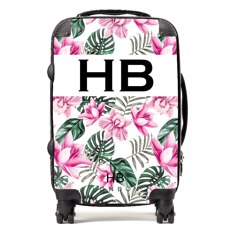 Personalised White and Pink Tropical Flowers with Black Font Initial Suitcase