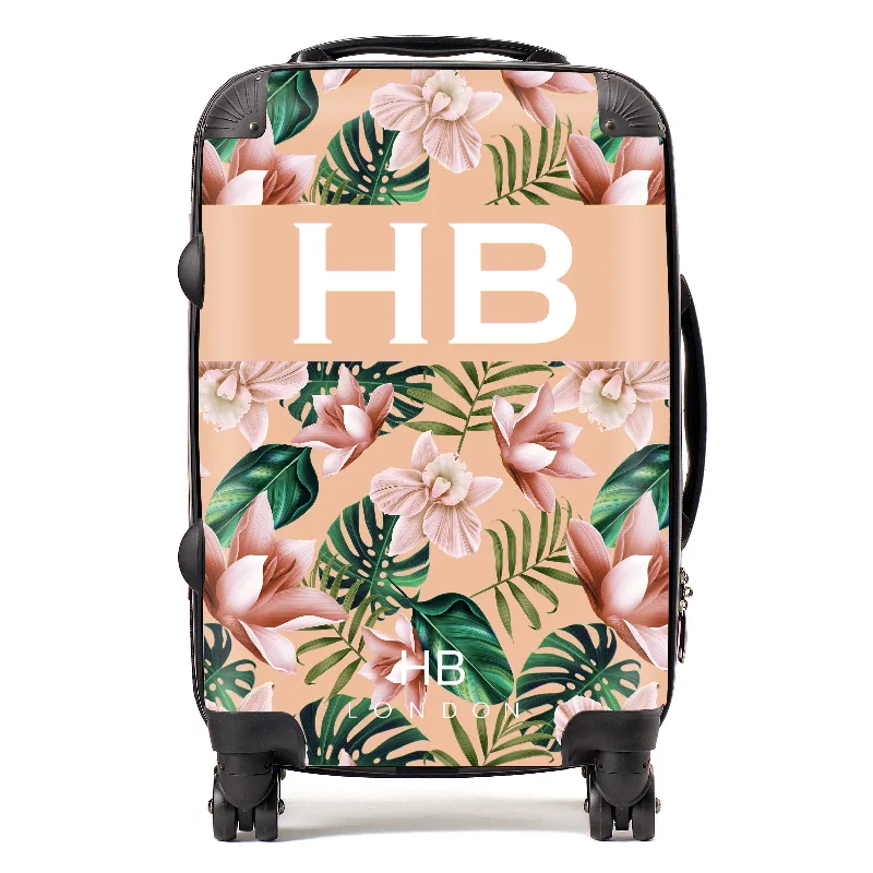 Personalised Peach Tropical Flowers with White Font Initial Suitcase