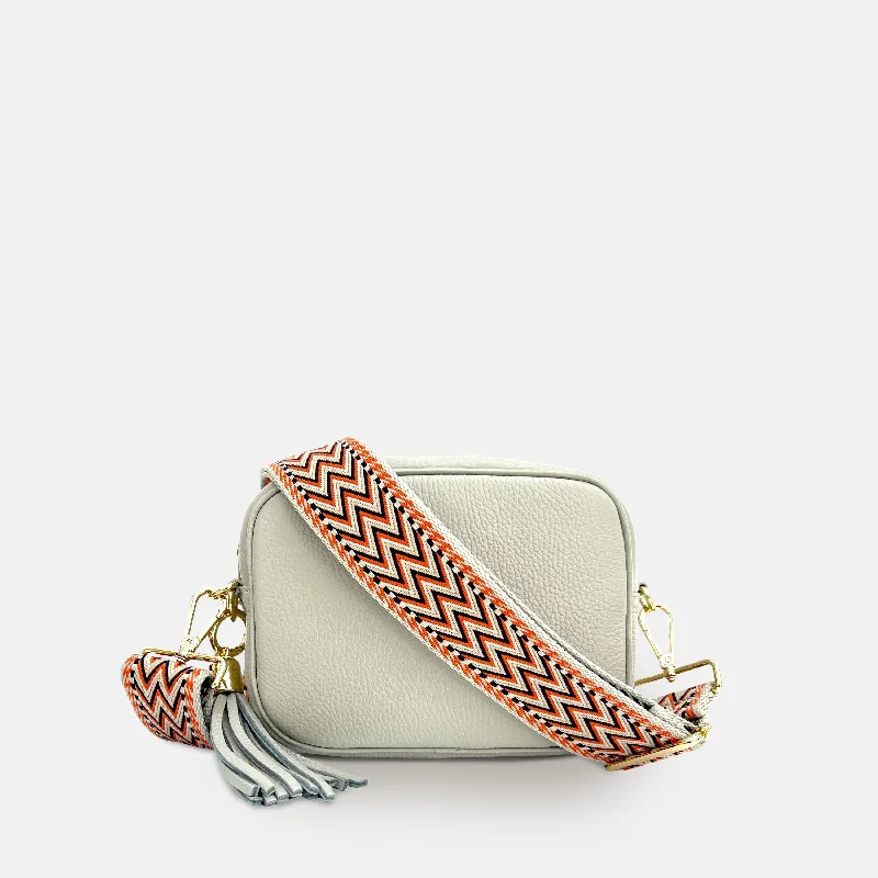 Light Grey Leather Crossbody Bag With Grey Boho Strap