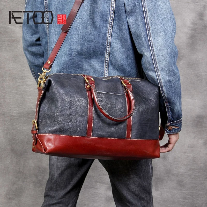 Aetoo Simple Head Cowhide Short Travel Bag Men'S Handmade Vintage Leather Hand Luggage Bag