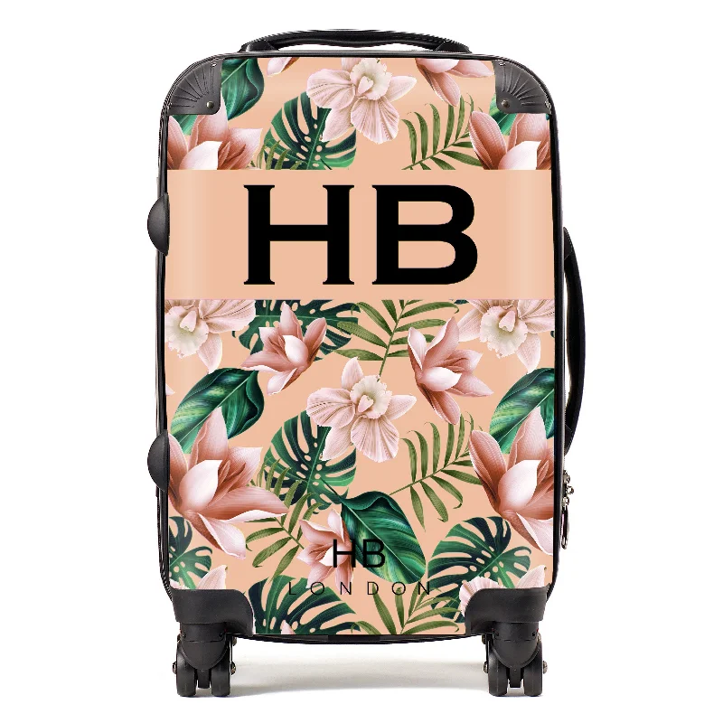 Personalised Peach Tropical Flowers with Black Font Initial Suitcase