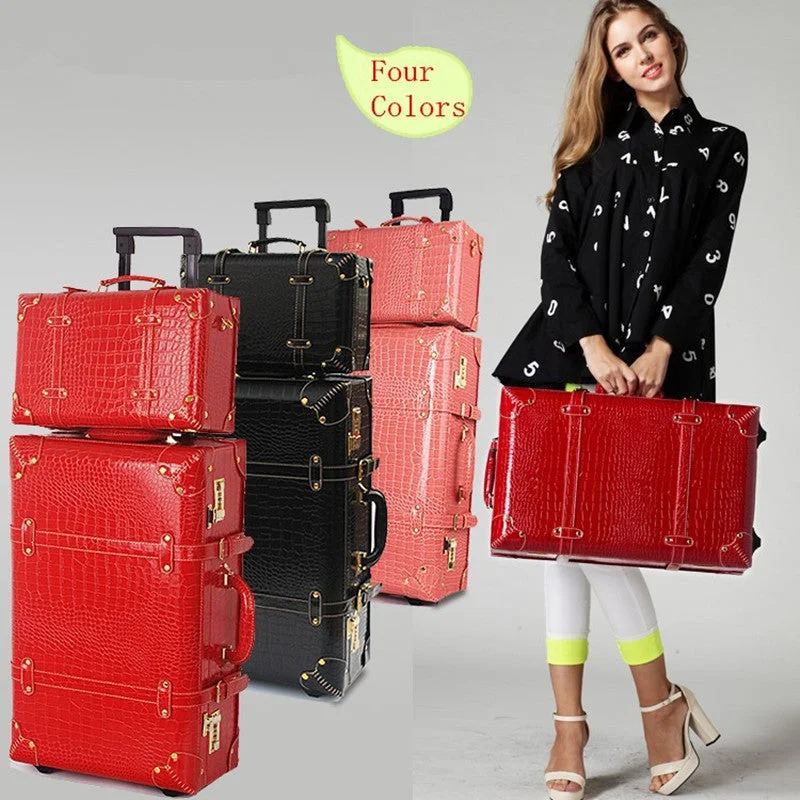 Vintage Travel Bag Universal Wheel Trolley Luggage Vintage Female Red Leather Case The Wedding