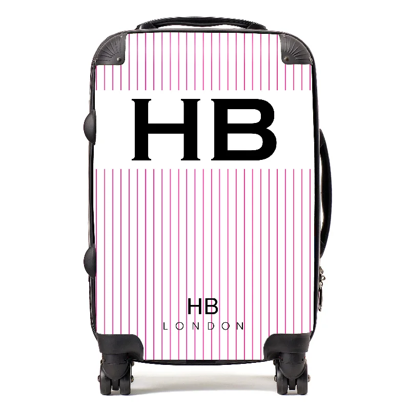 Personalised White and Hot Pink Pinstripe with Black Font Initial Suitcase