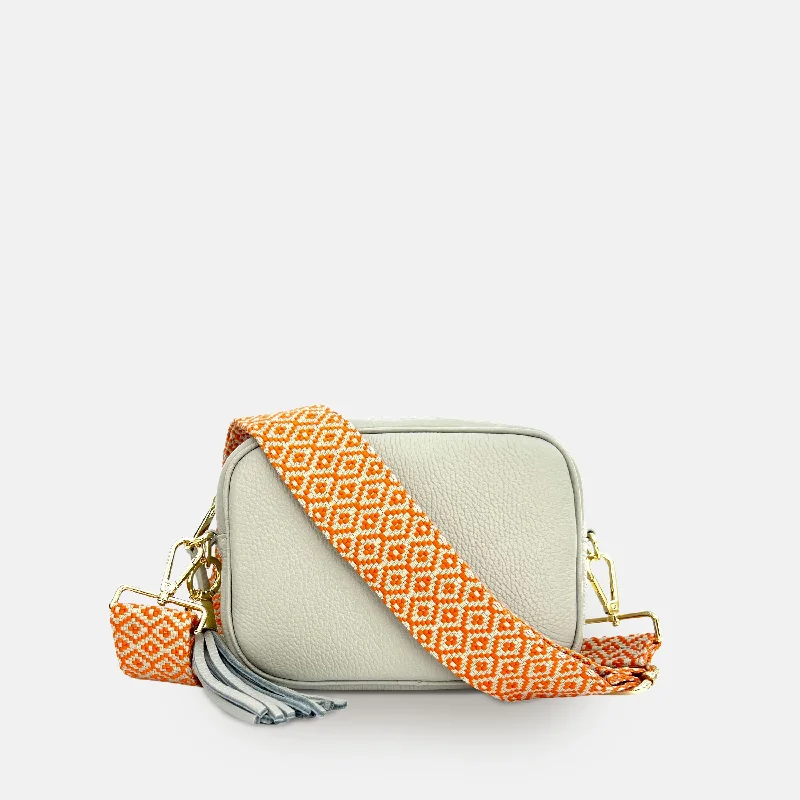 Light Grey Leather Crossbody Bag With Orange Cross-Stitch Strap